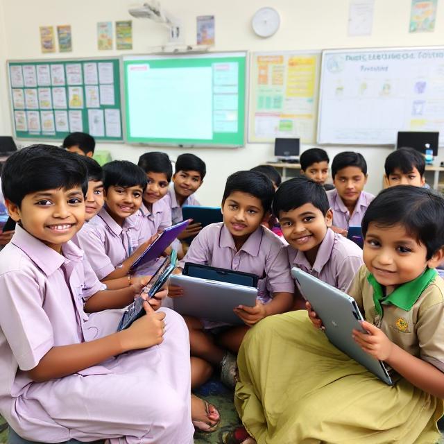 প্রাথমিক বিদ্যালয়ের শিশুদের ডিজিটাল ক্লাসরুমে ট্যাবলেট ব্যবহার করে আনন্দময় শিক্ষা গ্রহণ