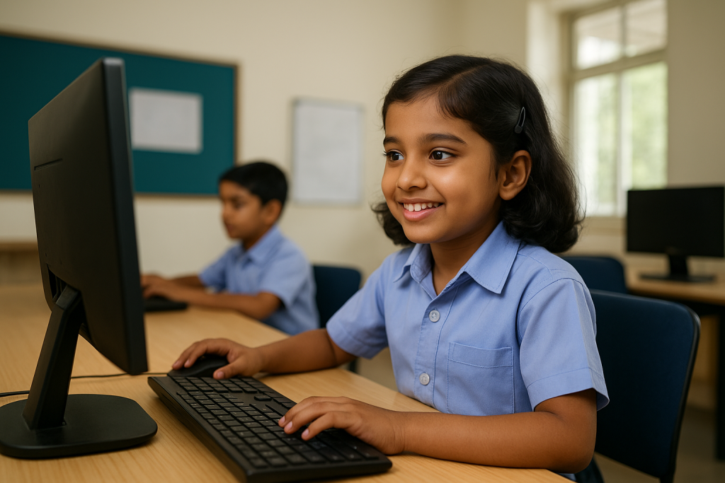 বাংলাদেশের প্রাথমিক বিদ্যালয়ের ছাত্রী কম্পিউটার ব্যবহার করে ডিজিটাল শিক্ষায় অংশ নিচ্ছে