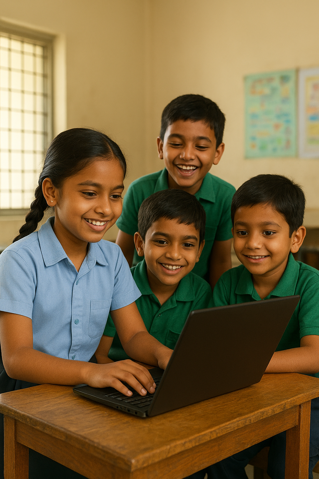 বাংলাদেশের প্রাথমিক বিদ্যালয়ে শিশুদের ট্যাব ও প্রযুক্তি ব্যবহার করে আনন্দের সঙ্গে শেখার দৃশ্য।