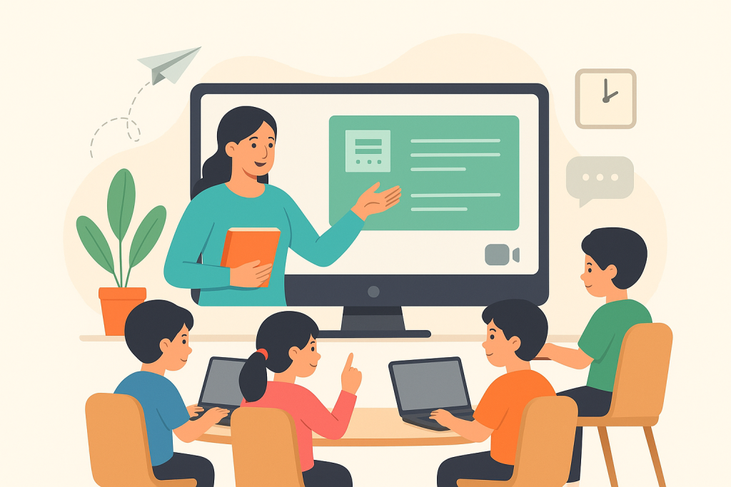 একটি ফ্ল্যাট-স্টাইল ইলাস্ট্রেশন যেখানে দেখা যাচ্ছে একজন শিক্ষক অনলাইন ক্লাস নিচ্ছেন এবং কয়েকজন শিশু ল্যাপটপ ও ট্যাব ব্যবহার করে মনোযোগ সহকারে পড়াশোনা করছে।