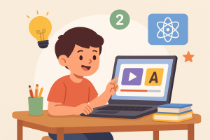 একটি শ্রেণিকক্ষে শিশুদের ল্যাপটপ ও ট্যাব ব্যবহার করে আনন্দের সাথে পড়াশোনা করার দৃশ্য।