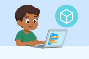 একটি ছোট ছেলে ল্যাপটপে গেম–ভিত্তিক কোডিং শিখছে, যেখানে স্ক্র্যাচ ব্লক কোডিং ইন্টারফেস দেখা যাচ্ছে।