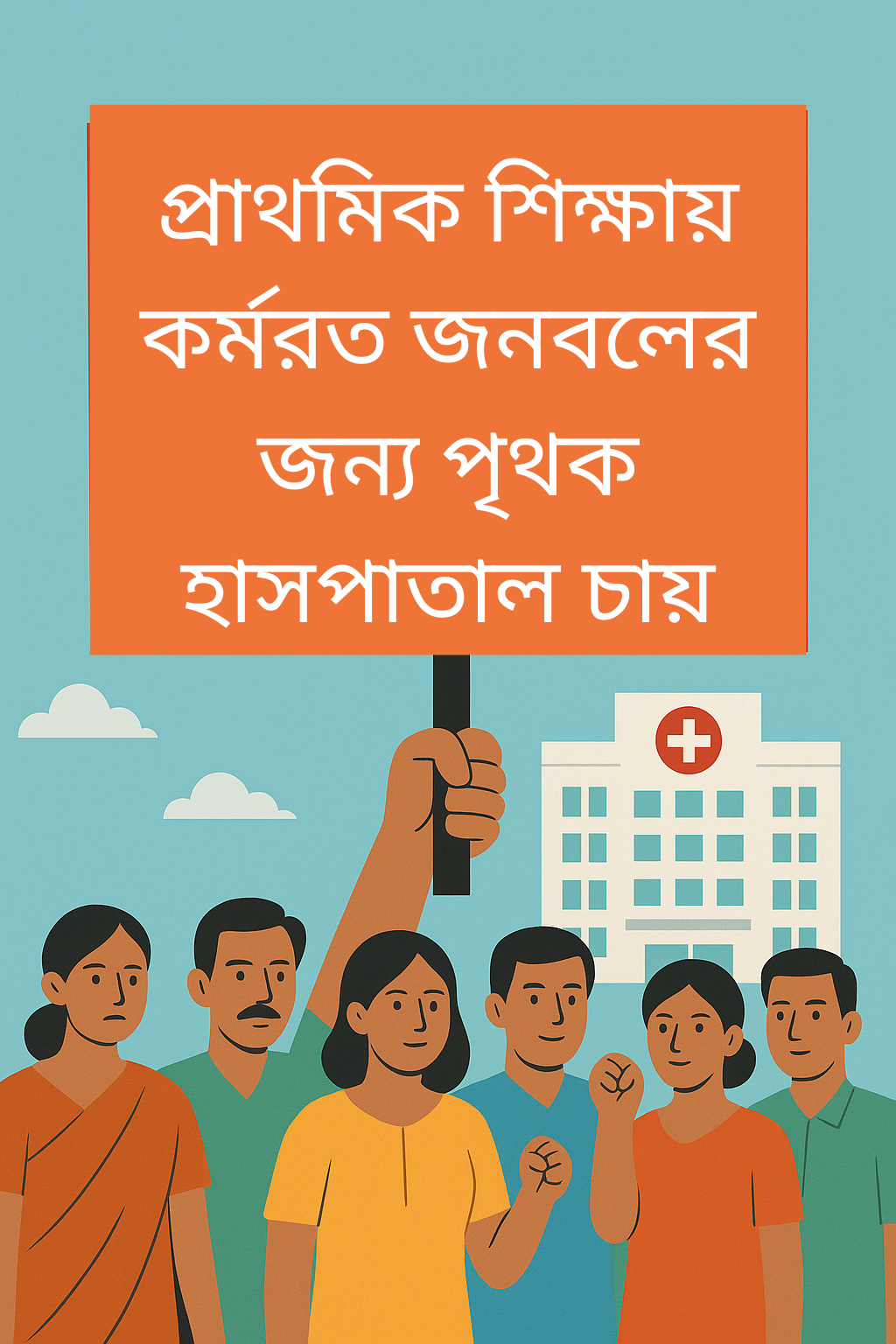 বাংলাদেশের প্রাথমিক শিক্ষার শিক্ষক ও কর্মচারীদের পৃথক হাসপাতালের দাবিতে প্রতীকী প্রতিবাদের ইলাস্ট্রেশন