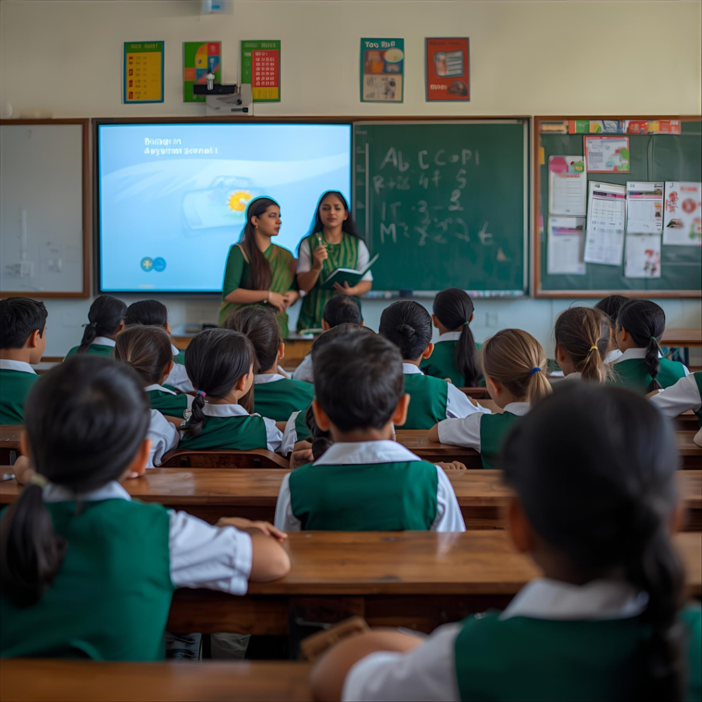 বাংলাদেশের প্রাথমিক বিদ্যালয়ে নারী শিক্ষক স্মার্ট বোর্ড ব্যবহার করে শিক্ষার্থীদের পাঠদান করছেন, ছাত্রছাত্রীরা মনোযোগ দিয়ে শ্রবণ করছে