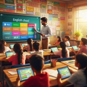 বাংলাদেশের প্রাথমিক বিদ্যালয়ে শিক্ষক স্মার্ট বোর্ড ব্যবহার করে অনলাইন পাঠদান করছেন এবং শিক্ষার্থীরা ট্যাব ব্যবহার করে শেখার কাজে অংশ নিচ্ছে