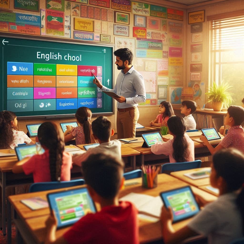 বাংলাদেশের প্রাথমিক বিদ্যালয়ে শিক্ষক স্মার্ট বোর্ড ব্যবহার করে অনলাইন পাঠদান করছেন এবং শিক্ষার্থীরা ট্যাব ব্যবহার করে শেখার কাজে অংশ নিচ্ছে
